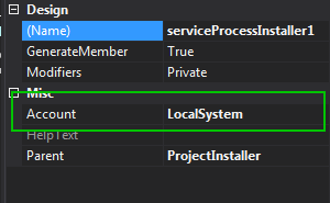 config properties for service ProcessInstaller